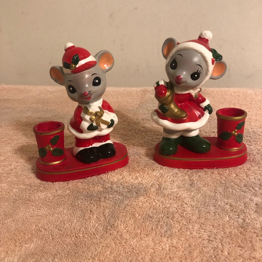 Vintage Napcoware Christmas Mice Taper Candle Holder Pair #X-8590